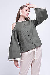 Жіноча блуза з котону з обробкою мереживом хакі Lesya Емері 6
