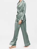 Жіночий шовковий костюм в піжамному стилі, піжама шовкова жіноча фісташка (розміри 42-54 XS-XXXL), фото 3
