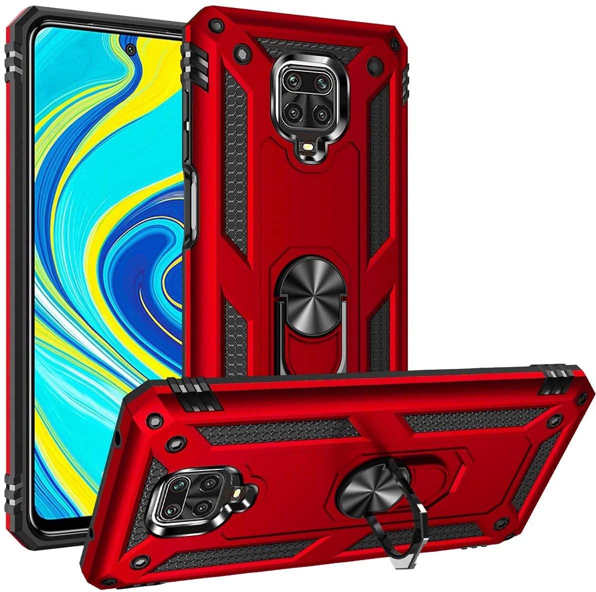 Протиударний матовий чохол для Xiaomi Redmi Note 9 Pro червоний бампер із кільцем підставкою, фото 1