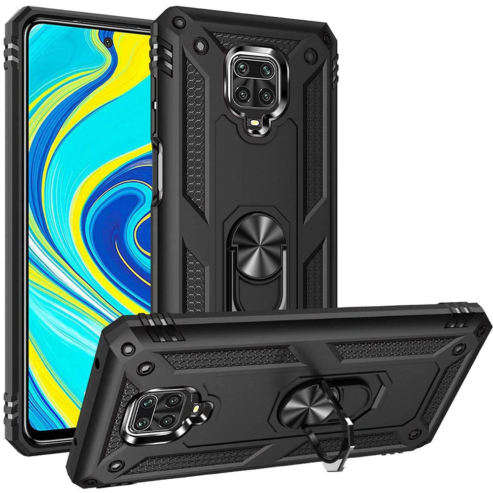 Протиударний матовий чохол для Xiaomi Redmi Note 9 Pro чорний бампер із кільцем підставкою