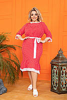 Женское платье в мелкий горох с оборкой по низу 54-56, Красный