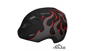 Велошолом MET Genio чорний з яскравими вогняними елементами для дітей 5-9 років, розмір 52-57 см, захист і комфорт.