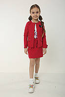Костюм для девочки красный в горох кардиган юбка и белый лонгслив Wanex 104 см., 4 года