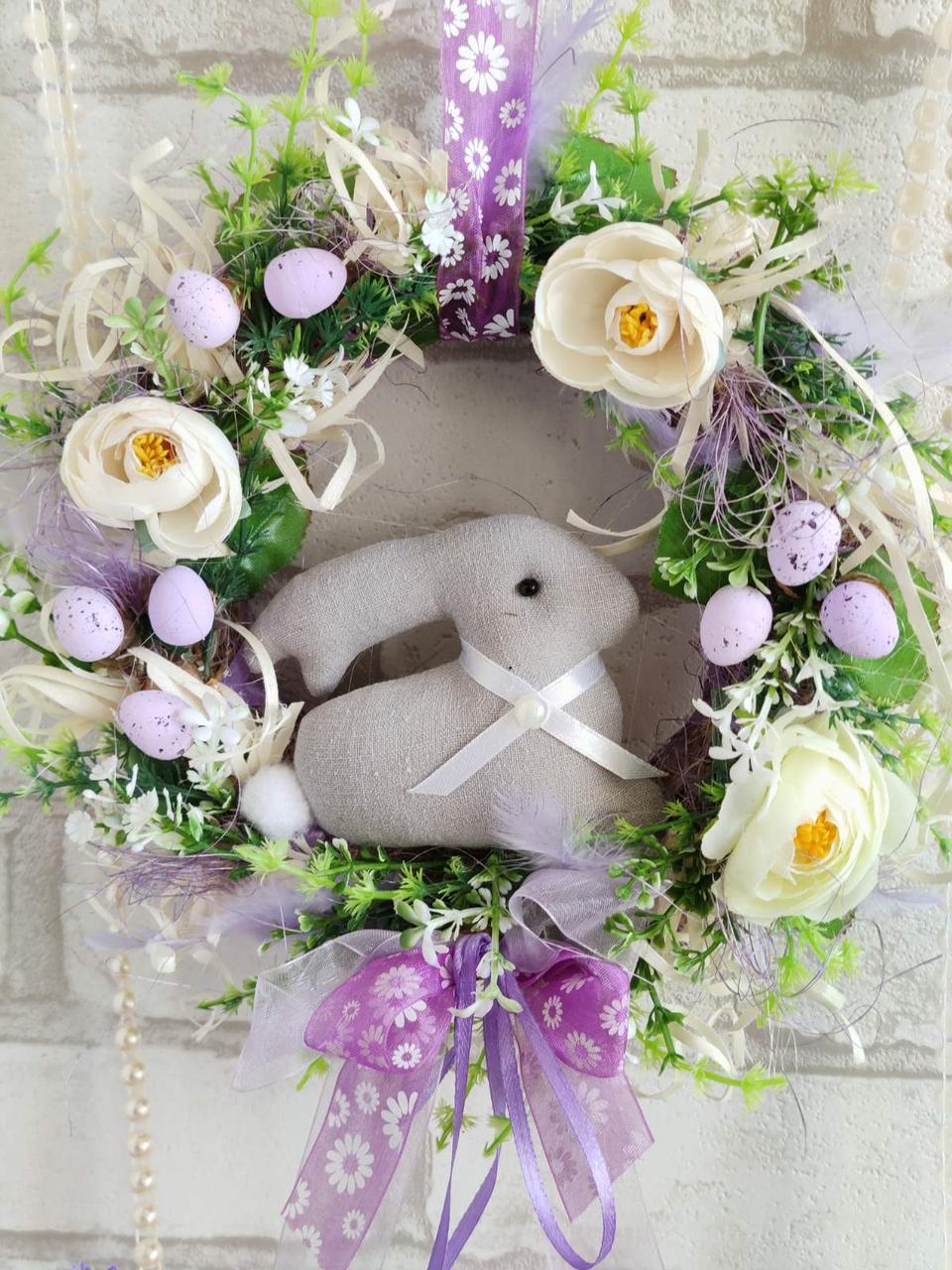 Вінок великодній з кроликом, великодній вінок на двері, Д - 27 см, фото 1