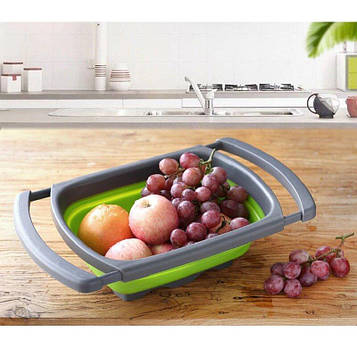 Складна силіконова мийка JM–608 - кошик для миття фруктів і овочів зі зливом і пробкою-заглушкою Зелений (GPL)