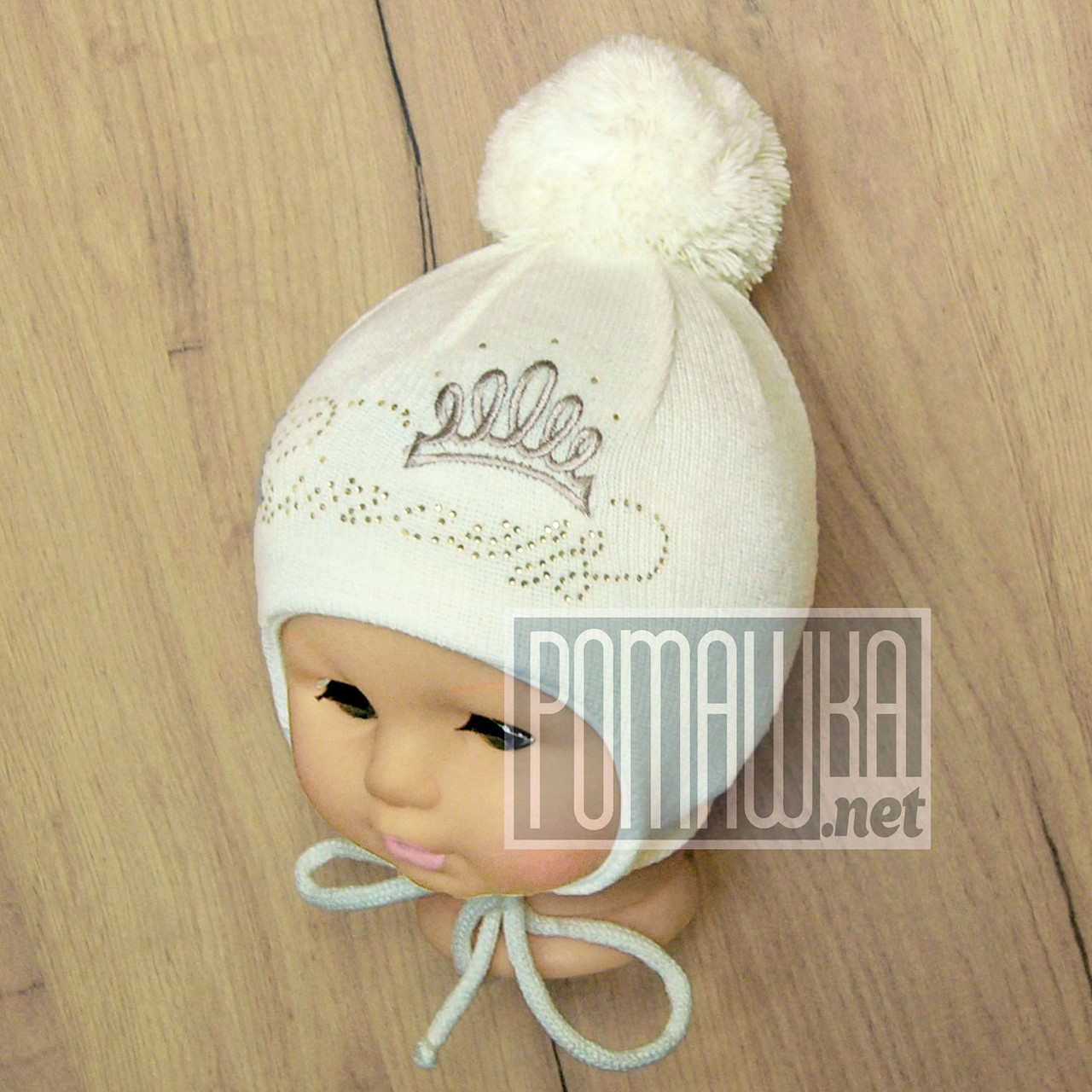 В'язана шапочка осінь весна розмір 44-48 9-18 місяців для дівчинки на зав'язках осіння весняна 8053 Молочний