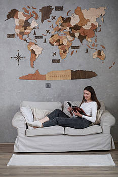 3д Дерев'яна багатошарова карта світу на стіну зі країнами