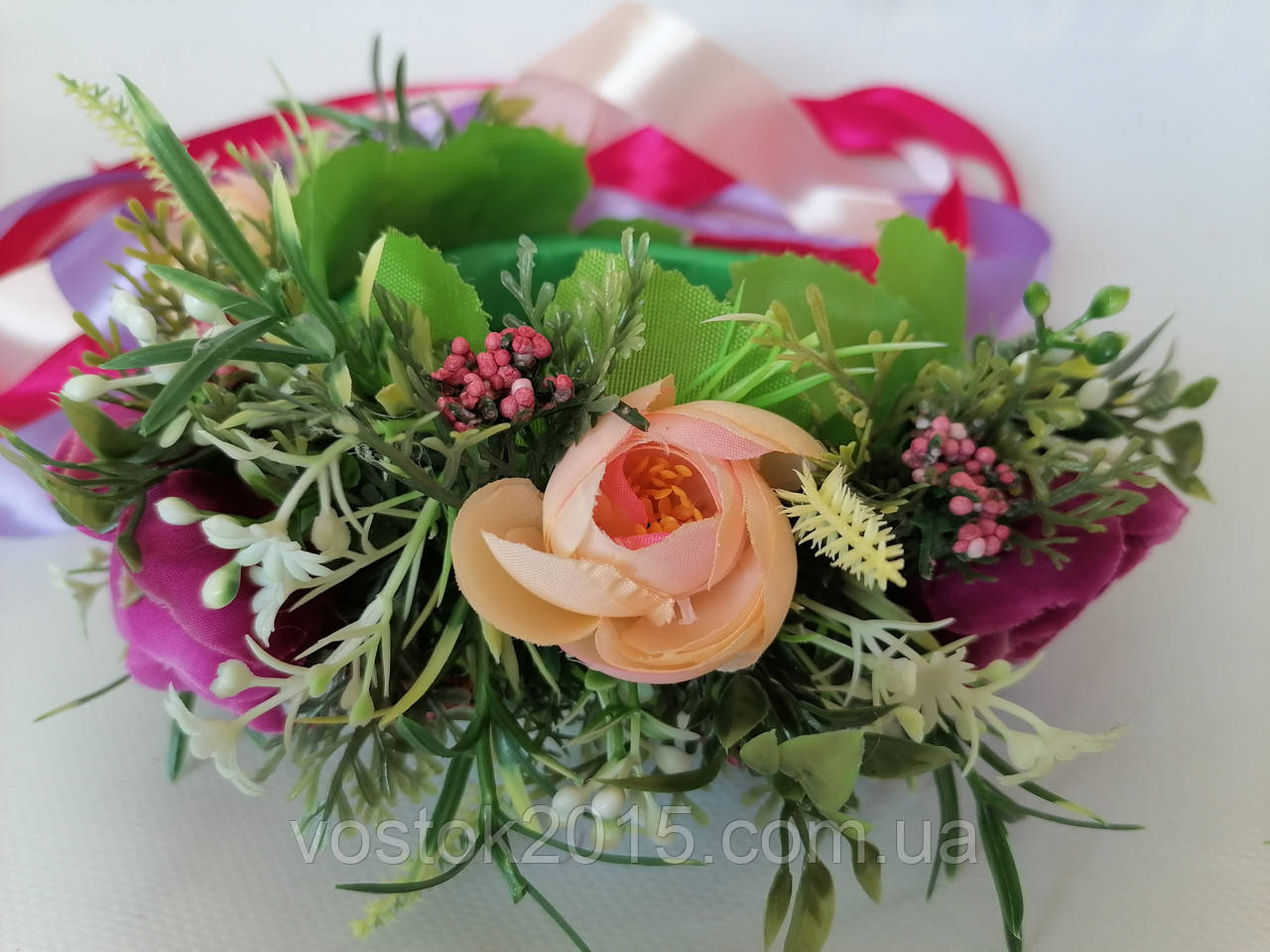 Обруч Венок из разноцветных роз из цветов с лентами Веночек на голову Поляна h=8 см d=12 см - фото 3 - id-p1393205431