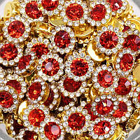 Страз пришивний 10 мм Ґудзик червоний оправа золото