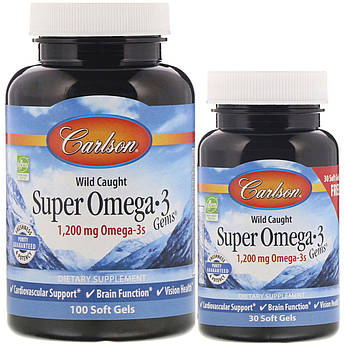 Carlson Labs, Wild Caught Super Omega-3 Gems, високоефективна Омега-3 з морської риби 1200 мг, 100+30 капсул