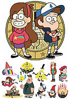Вафельна картинка на круглий торт "Гравити Фолз" А4 - Мейбл і Мейсон «Діппер» Пайнс на тлі зображення Білла (круглий)+персонажі