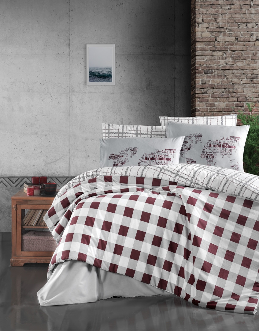 Півтораспальна Турецька Постільна Білизна First Choice Edmon Dark Red Ранфорс 160х220см, фото 1