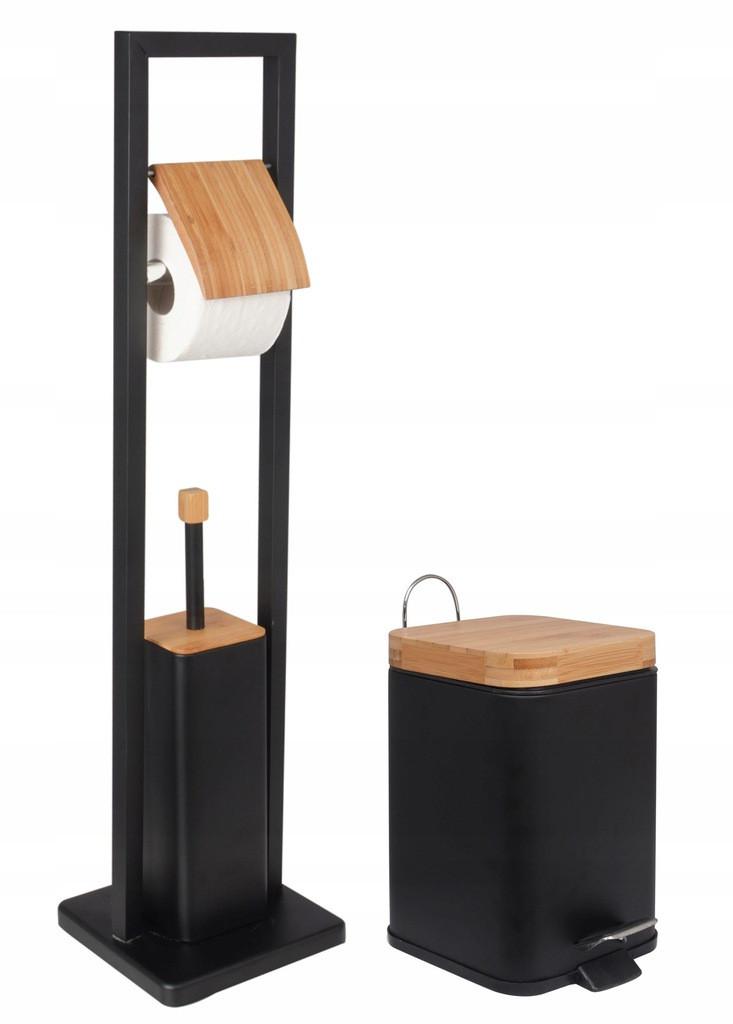 Комплект для ванної кімнати, кошик для сміття, тримач для туалетного паперу + іржик, чорний-бамбук