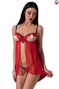 Прозорий пеньюар з відкритою груддю CHERRY CHEMISE red L/XL - Passion Exclusive, трусики