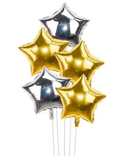Набір фольгованих куль "Зірки золото+срібло", 5 шт., фото 1