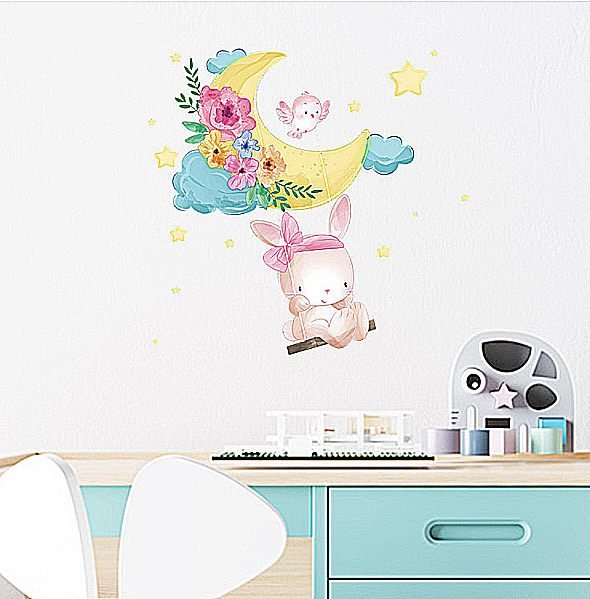Вінілові наклейки на стіну Зайчик гойдається на місяці  (лист 30 х 90 см) Б394-19