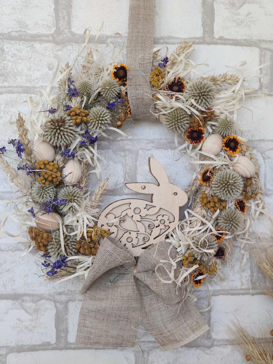 Вінок із сухоцвітів, натуральні матеріали, великодній віночок на двері. Д 30-34 см, фото 1