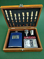 Подарочный набор в деревянном сундучке: шахматы + фляга 240мл + рюмка+лейка+карты+кости