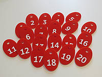 Номерки для ключей овальный 60*40 мм красные с гравировкой нумерации
