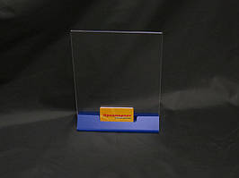 Менюхолдер А4 формату вертикальний двосторонній з відділенням для візиток на синій трикутній ніжці