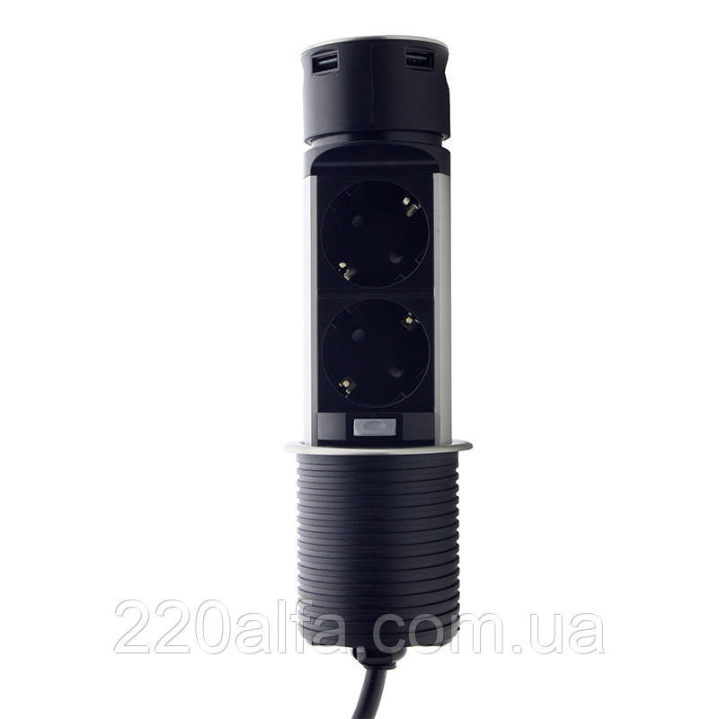 Меблева розетка (вертикальна) 2 x 16 А, 2 x USB 2,4 А, метал + дріт 3 x 1.5 mm2, фото 1