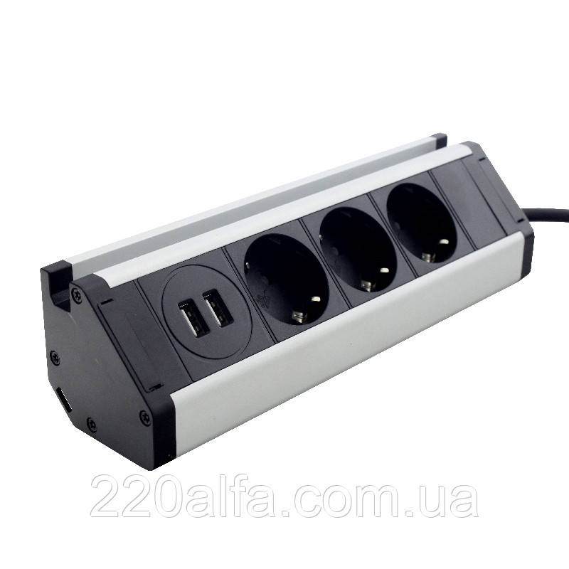 Меблева розетка kitchen (горизонтальна) 3 x 16 А , 2 x USB 2,4 А, металл + провід 3 x 1.5 mm², фото 1