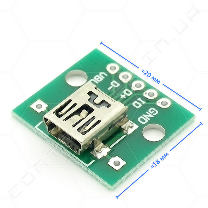 Плата перехідник з роз'ємом mini USB мама, 5 коннекторів