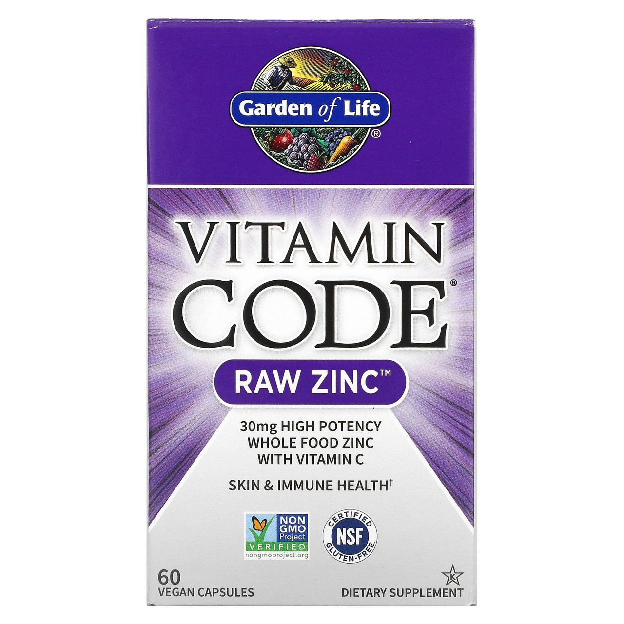 Garden of Life, Vitamin Code, Цинк RAW з екстрактами овочів, фруктів, пробіотиками і ферментами, 60 капсул