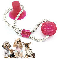 ОПТ Многофункциональная игрушка для собак канат на присоске с мячом (Розовый)