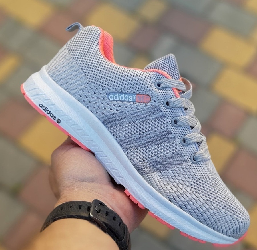 Жіночі кросівки Adidas Neo в сітку літні весна-осінь сірі з рожевим. Живе фото. топ
