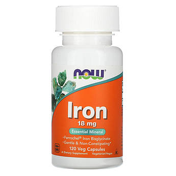 Залізо хелат 18 мг Now Foods Iron Chelate бісгліцинат 120 рослинних капсул