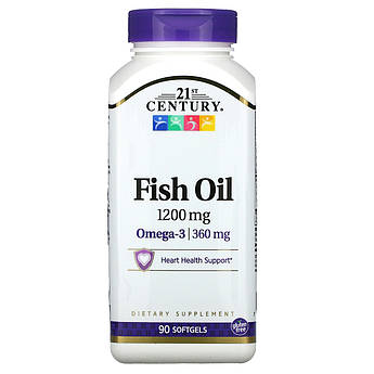 Риб'ячий жир 1200 мг 21st Century Omega-3 360 мг Fish Oil підтримка здоров'я серця 90 м'яких желатинових капсул