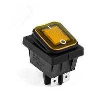 Перемикач клавішний герметичний ON-OFF 4 pin (срібло) прямокутний  з LED підсвічуванням. Жовтий.