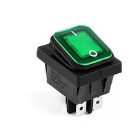 Перемикач клавішний герметичний ON-OFF 4 pin (срібло) прямокутний з LED підсвічуванням. Зелений.