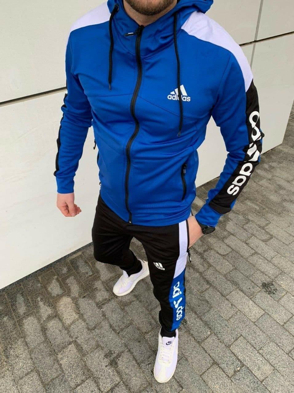Спортивні костюми адіас чоловічі для прогулянок синій, чоловічий спортивний костюм на блискавці з капюшоном Adidas