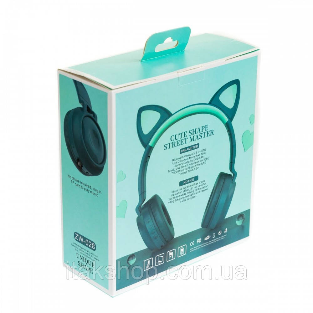 Беспроводные наушники ZW-028 Cat Ear Bluetooth с кошачьими ушками и LED подсветкой Зеленый - фото 6 - id-p1394139796