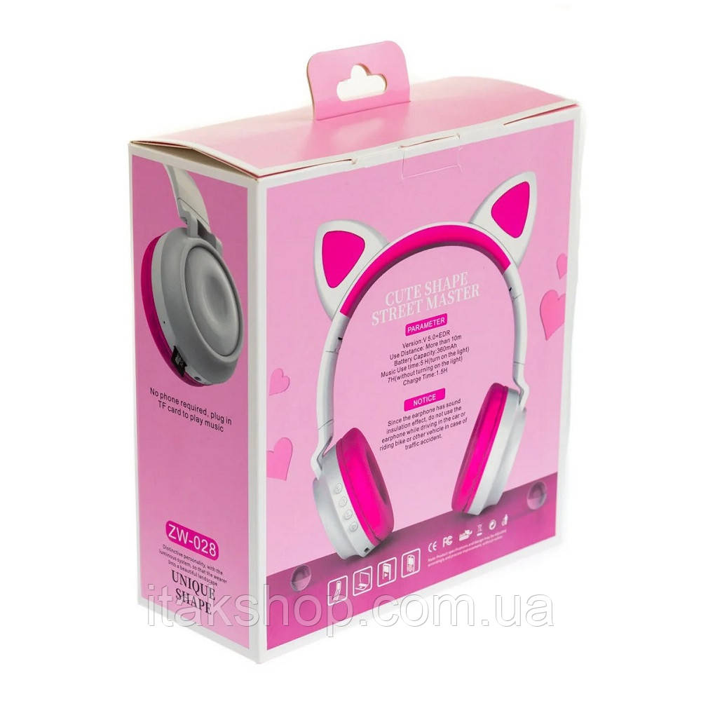 Беспроводные наушники ZW-028 Cat Ear Bluetooth с кошачьими ушками и LED подсветкой Белый/Розовый - фото 6 - id-p1394151384
