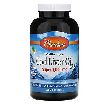 Carlson Labs, Риб'ячий жир печінки дикої норвезької тріски, 1000 мг, Cod Liver Oil, 250 капсул