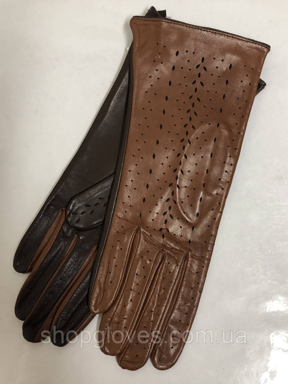 Жіночі шкіряні рукавички без підкладки з натуральної шкіри ягняти. Колір рудий з коричневим