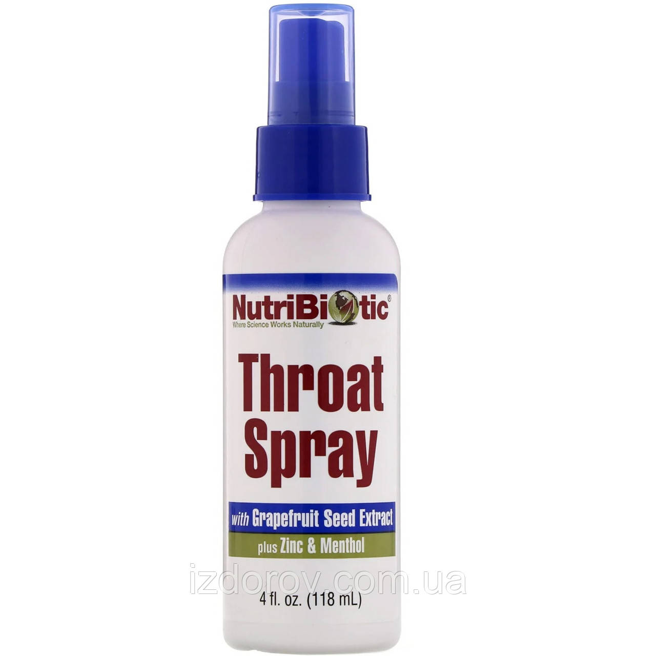 Спрей для горла з екстрактом насіння грейпфрута цинком та ментолом NutriBiotic Throat Spray 118 мл, фото 1