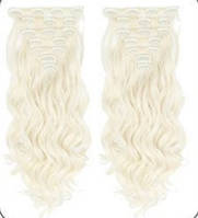 Волосы на заколках блонд белый платиновый холодный пепельный №60 Трессы волнистые термостойкие набор 6 прядей