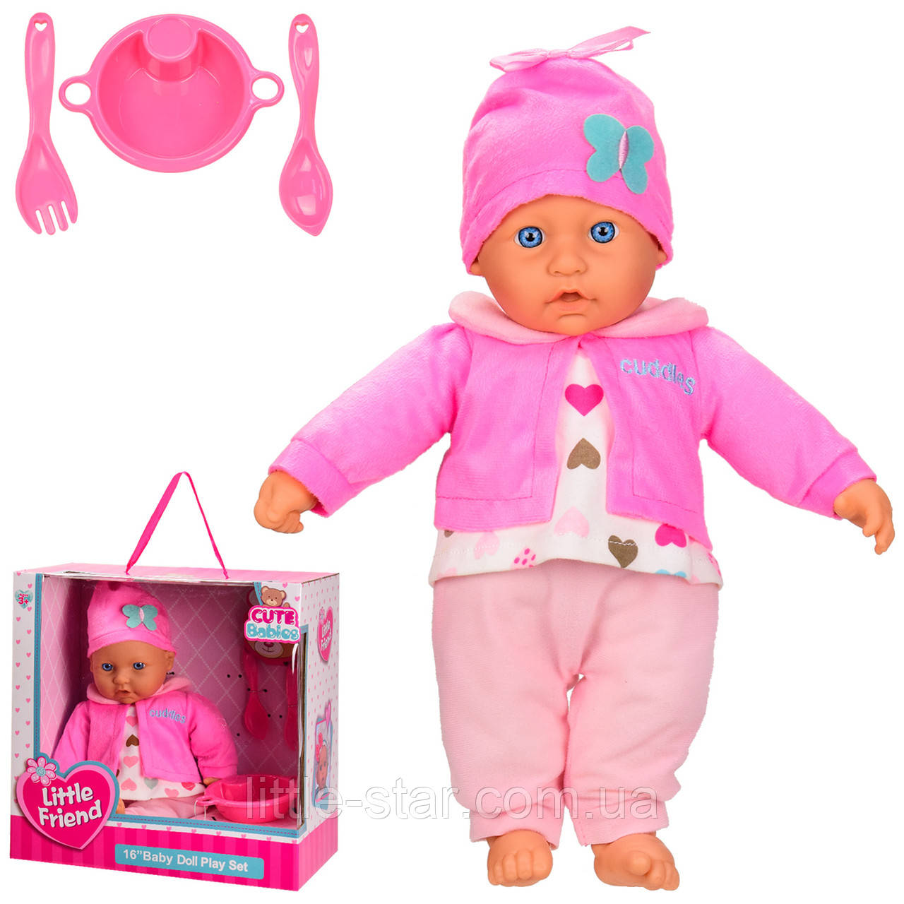 Лялька-пупс м'яконабивна HM16002, 40 см, тарілка, ложка, вилка