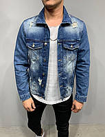 Синяя потертая джинсовая куртка мужская, мужской рванный пиджак синего цвета на пуговицах Турция