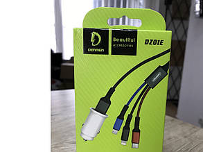 Автомобильное зарядное устройство Denmen DZ01E 3in1 cable Lightning +Micro +Type-C 2USB 2.1A