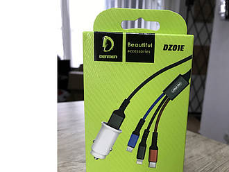 Автомобильное зарядное устройство Denmen DZ01E 3in1 cable Lightning +Micro +Type-C 2USB 2.1A, фото 2