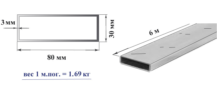 Труба алюмінієва прямокутна 80х30х2 мм 6060 Т6