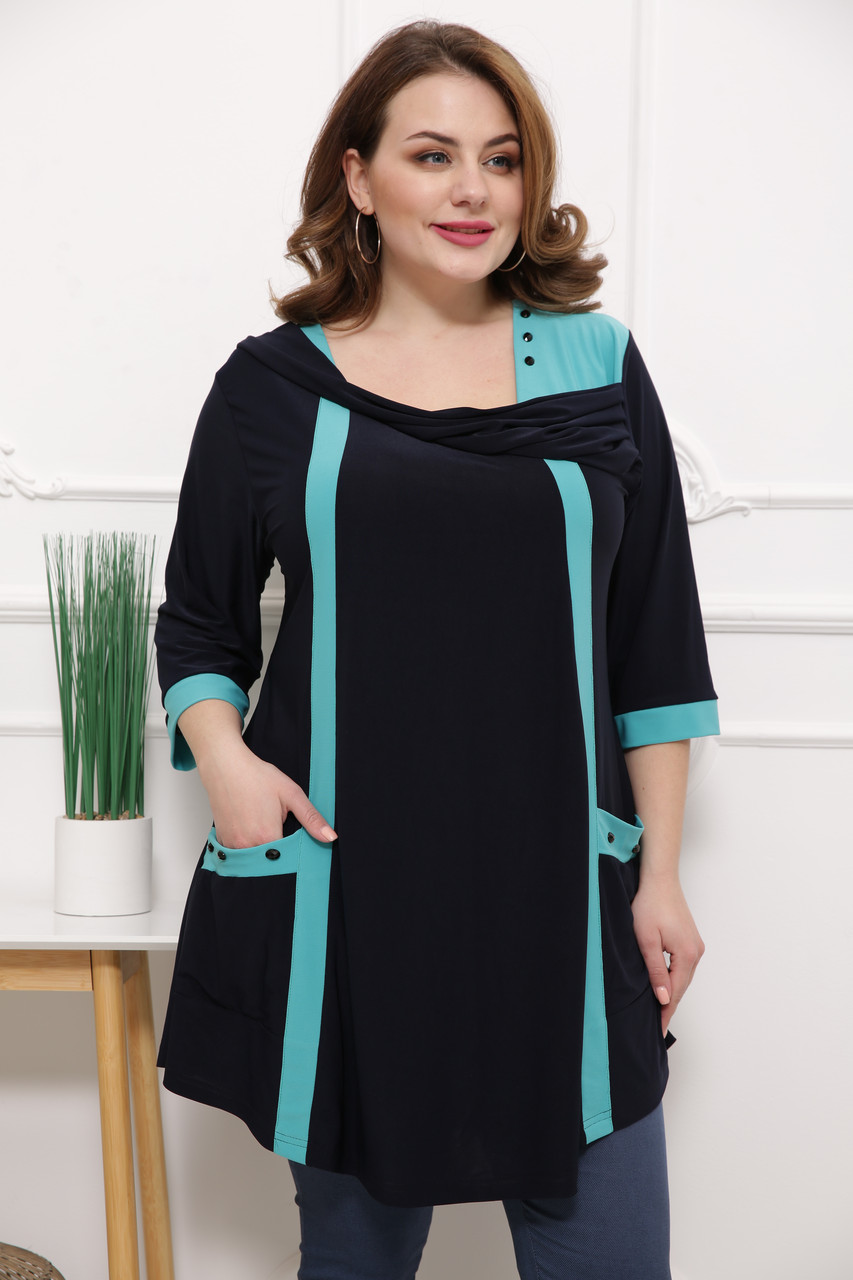 Гарна туніка розмір плюс Ілерія чорна з бірюзовою обробкою (52-70), фото 1