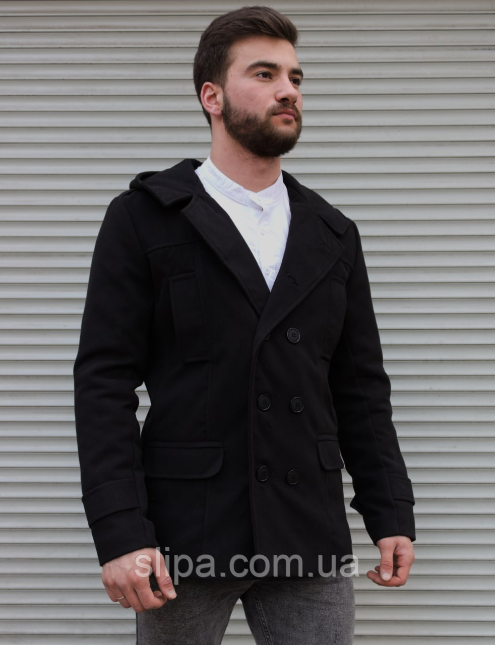 Мужское пальто двубортное с капюшоном чёрное из кашемира - фото 3 - id-p1274308148