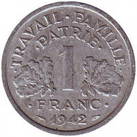 Монета 1 франк. 1942-44 год, Франция. Travail Famille Patrie.