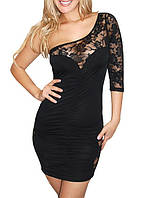 Цены ниже закупки. Женское черное платье с ассиметричным рукавом и гипюром L2363